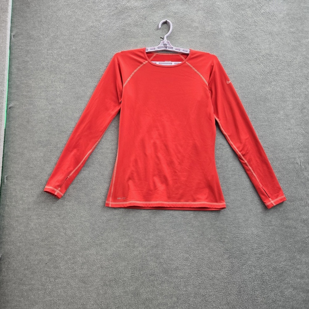 Nike Pro Women Shirt M Red Activewear Fleece Lined Logo Slim Long Sleeve